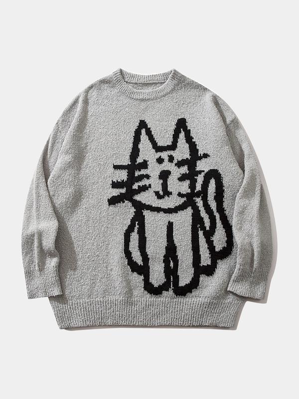 Men Cartoon Cat Print Crewneck Pattern Sweater Loose Casual|undefined