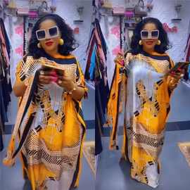 tiktok速卖通2023新款印花长袍子非洲女装连衣裙女 含围巾 两件套