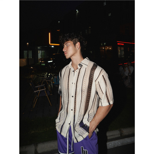 American Retro Striped Hollow-out Short Sleeve Shirt for Men - Summer, Minority Couple Vacation Casual Loose Matchy Matchy Fashion Shirt