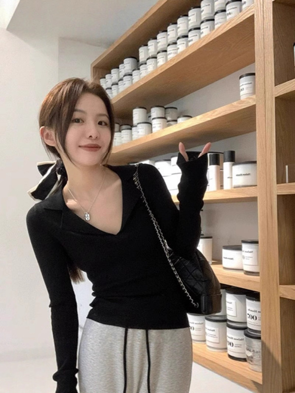 纯欲风辣妹POLO针织衫女早秋穿搭打底设计感小众修身显瘦别致上衣|undefined