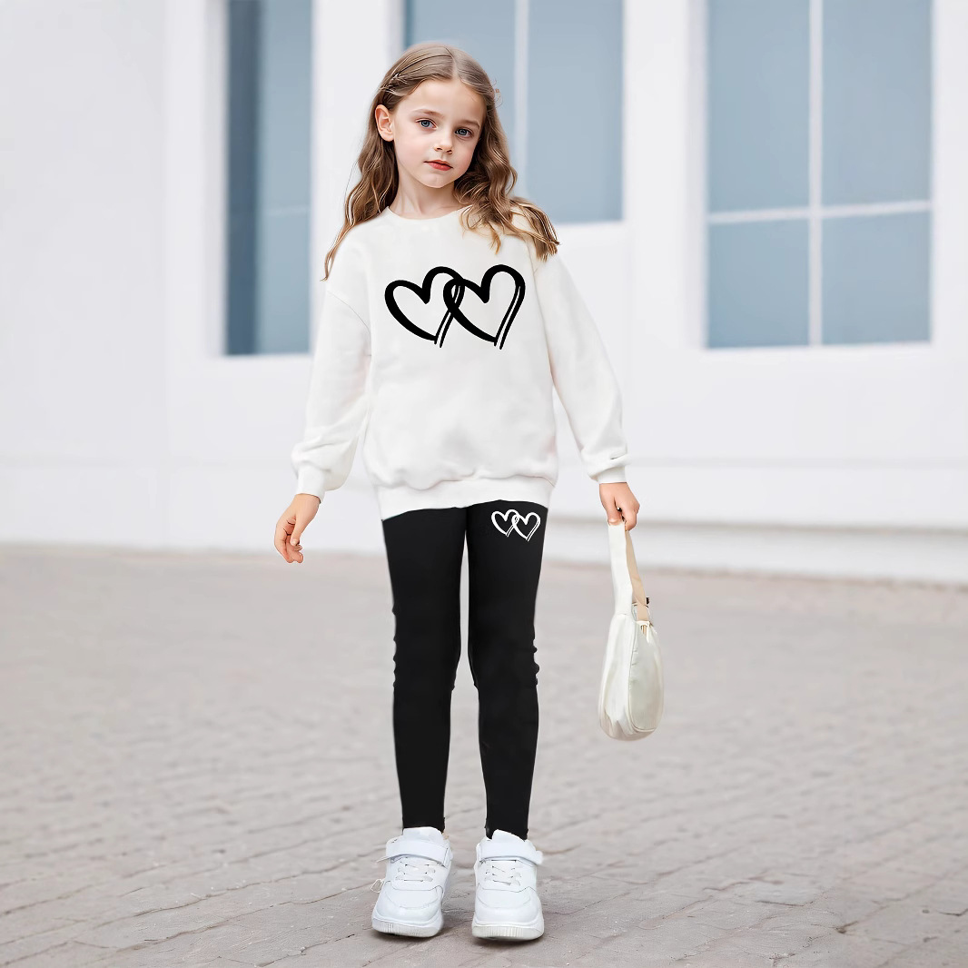 跨境外贸INS女童2件套&小女孩心形印花运动卫衣和紧身裤休闲套装