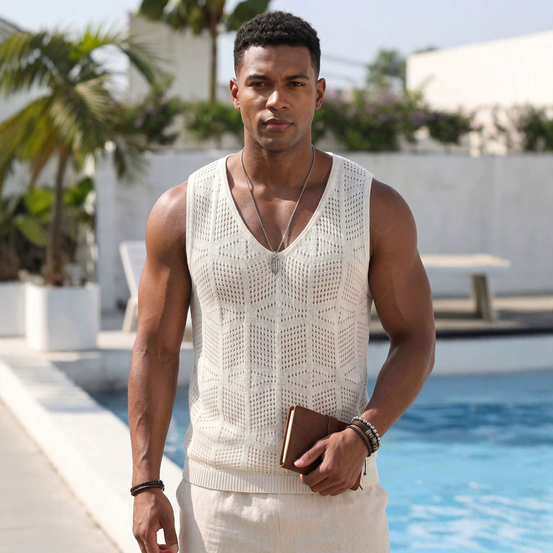 Cross-Border Summer New Style Men's Hollow-Out Knitted Vest V-Neck Breathable Casual European and American Style Sleeveless Sweater Men's Clothing