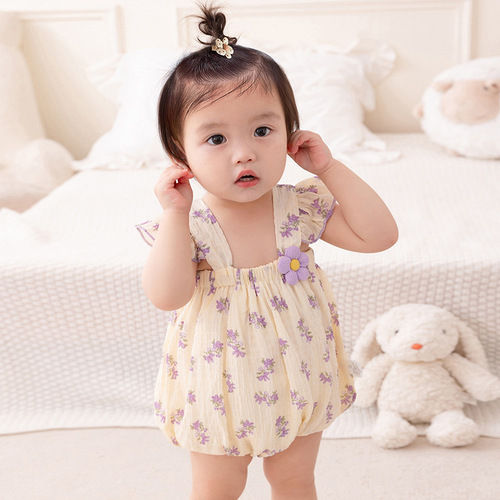 2024 Girls Summer Romper Suit Newborn Baby Onesie Baby Double Layer Harness Suspender Triangle Bag Fart Clothes 3168
