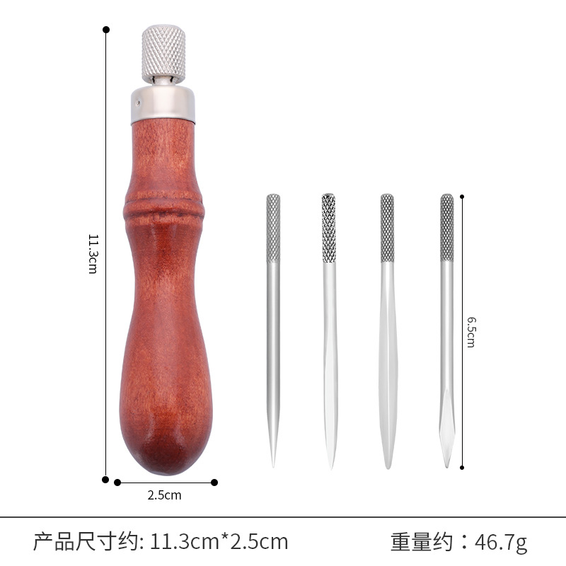 Cono de diamante cuatro en uno Cono de madera de cuero Función de punzón de cono cosido a mano Mango de madera Cono Herramientas de tallado de cuero Mango de madera