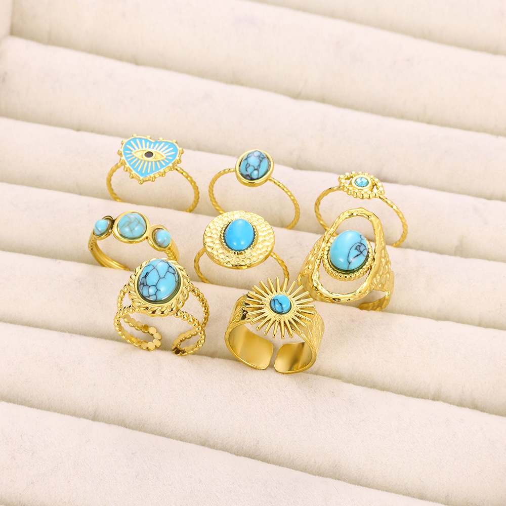 PVD Coated Gold Plating Process 18K Real Gold Plated Plating Material December Birthstone Turquoise Inlay Material Wholesale Jewelry Retro Devil's Eye Heart Shape 304 Stainless Steel Turquoise Plating Open Rings