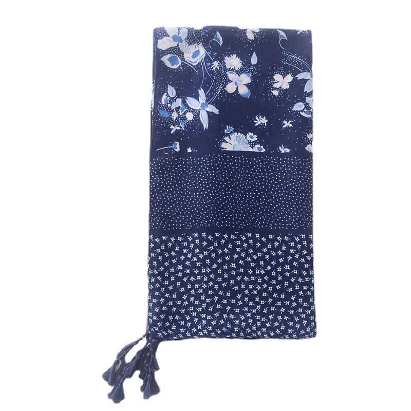 Estilo étnico vintage primavera y otoño bufanda de seda chal azul y blanco porcelana púrpura azul floral impreso algodón y lino hecho a mano borla bufanda