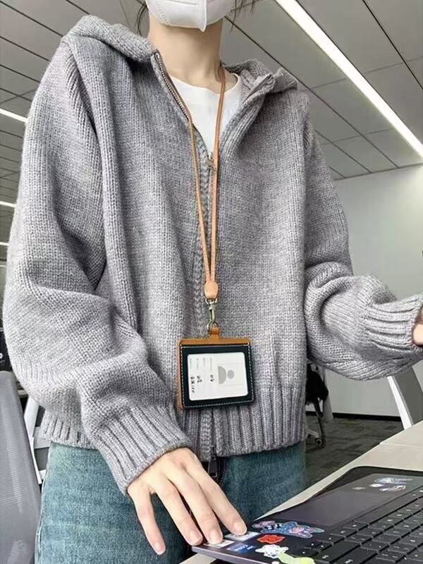 100%羊毛衫女秋冬连帽慵懒宽松双拉链针织衫毛衣外套短款开衫上衣|undefined