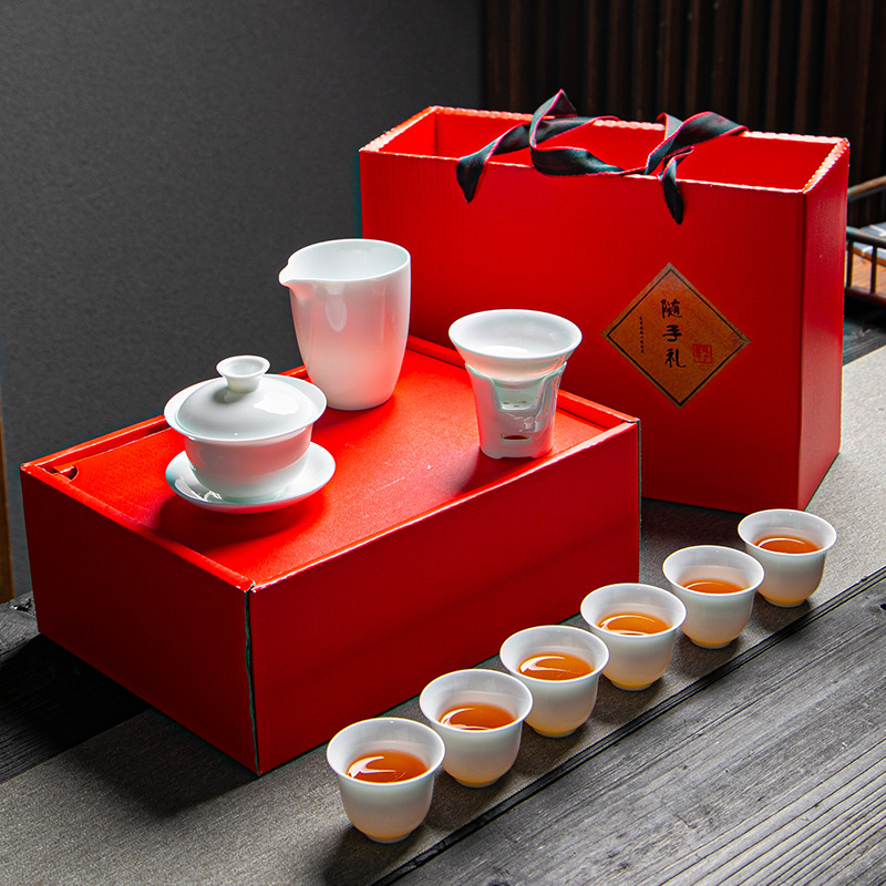 Dehua white porcelain tea set complete set of ceramic Kung Fu bowl set practical tea set business gift customized logo wholesale