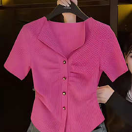 大码火龙果色上衣女夏季爆款设计感收腰短袖小香风薄款针织开衫女