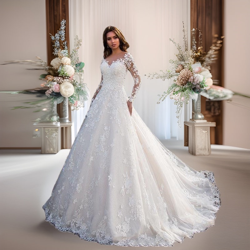 European and American Clothing White Dress Lace Embroidered Evening Dress Nine-Quarter Sleeve One-Shoulder Bridal Wedding Dress Long Skirt