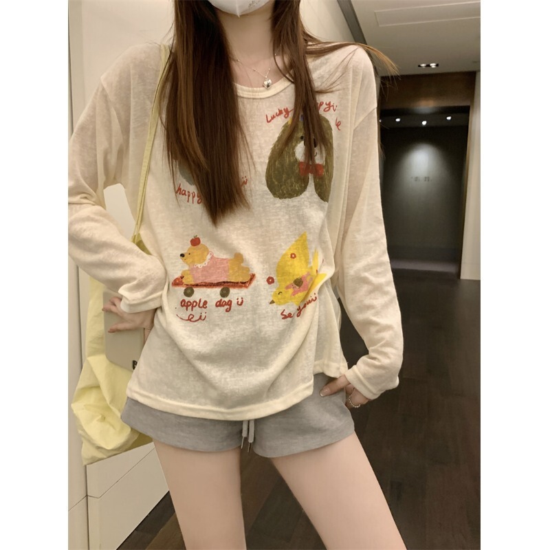 Mr [Bamboo Stripe] Early Spring Wear Cute Dog Print Long-Sleeved T-Shirt for Women with Lazy Style Sun Protection Blouse