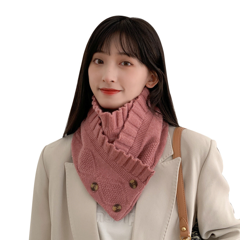 Bufanda de punto de lana para mujer Otoño e Invierno Nuevo estilo coreano versátil de tres botones cálido estudiante pareja protección del cuello bufanda de color sólido