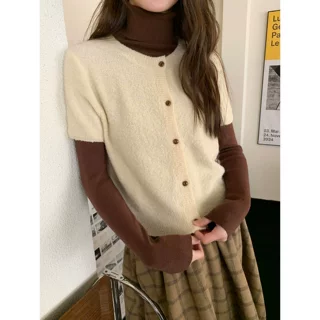 半高领打底衫针织短袖两件套女春秋高级感软糯时尚套装