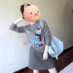 圆领套头针织毛衣女秋冬季慵懒卡通提花内搭软糯短款2025新款上衣