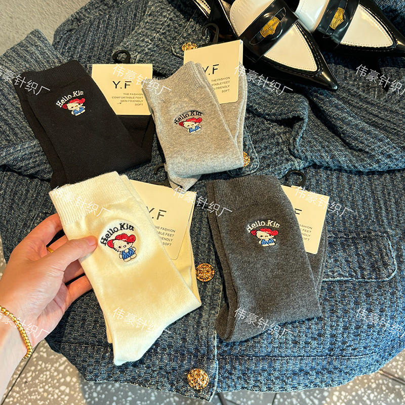 早秋新款女袜卡通可爱刺绣kitty中筒袜堆堆袜韩版东大门欧货潮袜|undefined