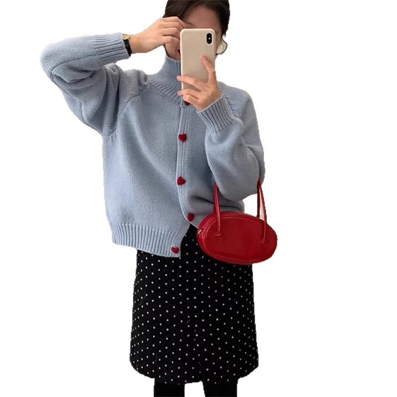 温柔风纯色爱心扣翻领毛衣外套女秋冬宽松显瘦高领针织开衫上衣女|undefined
