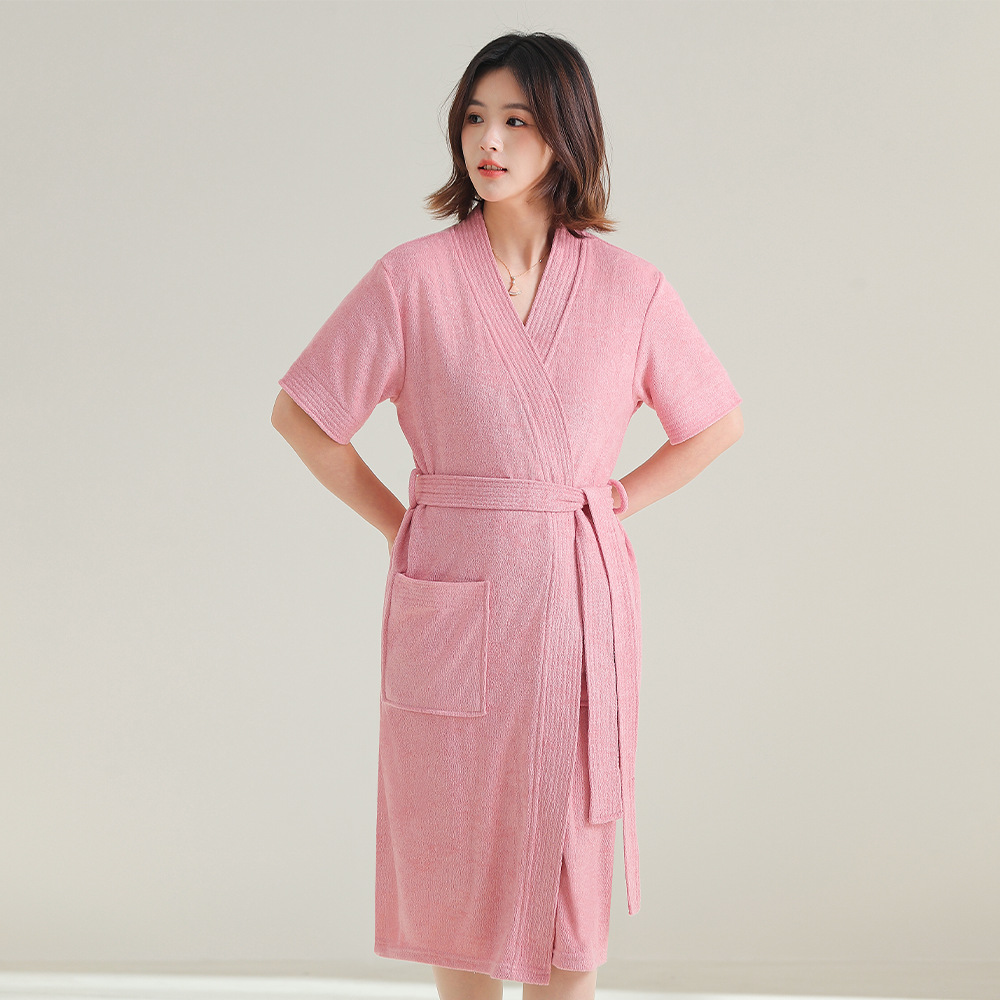 핑크색 여성용 반팔 타월 소재 목욕 가운