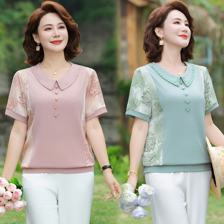 2025年新作中高年女性の控えめな夏半袖Tシャツトップス中年ママの夏のファッションシャツ|undefined