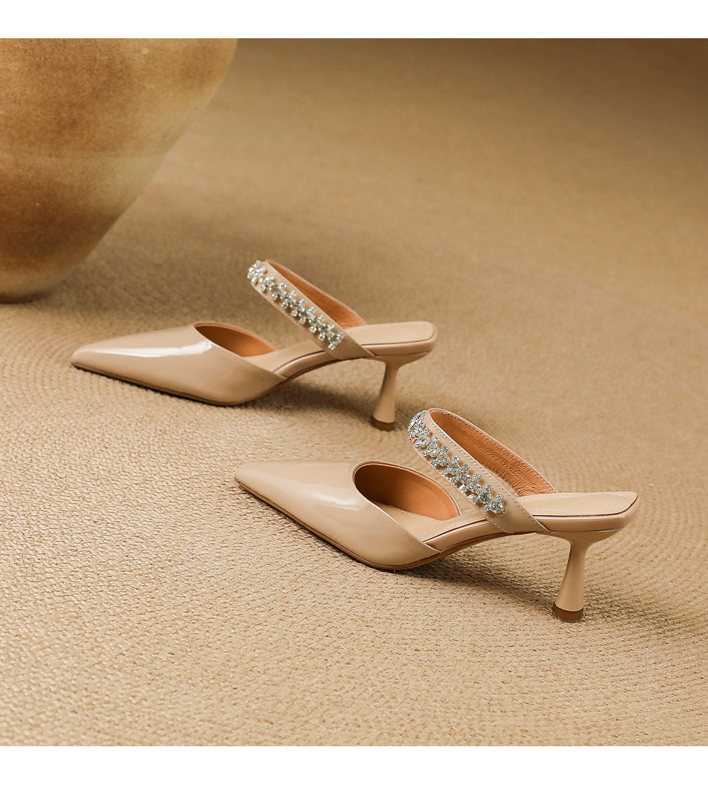 Giày sandal cao gót nữ mũi nhọn đính đá kiểu Pháp, gót nhọn 9 cm — đen chi tiết 15