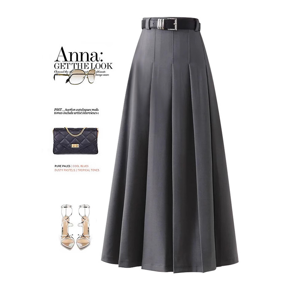 Workplace Suit Skirt High Waist All-match Slim-fit Slimming Pleated Skirt Mid-length Skirt Korean A- line Long Skirt Women