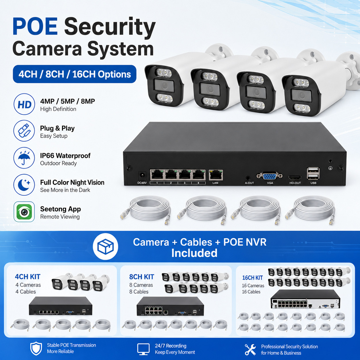 POE Security Camera System IP CCTV NVR Kit Seetong摄像头套装