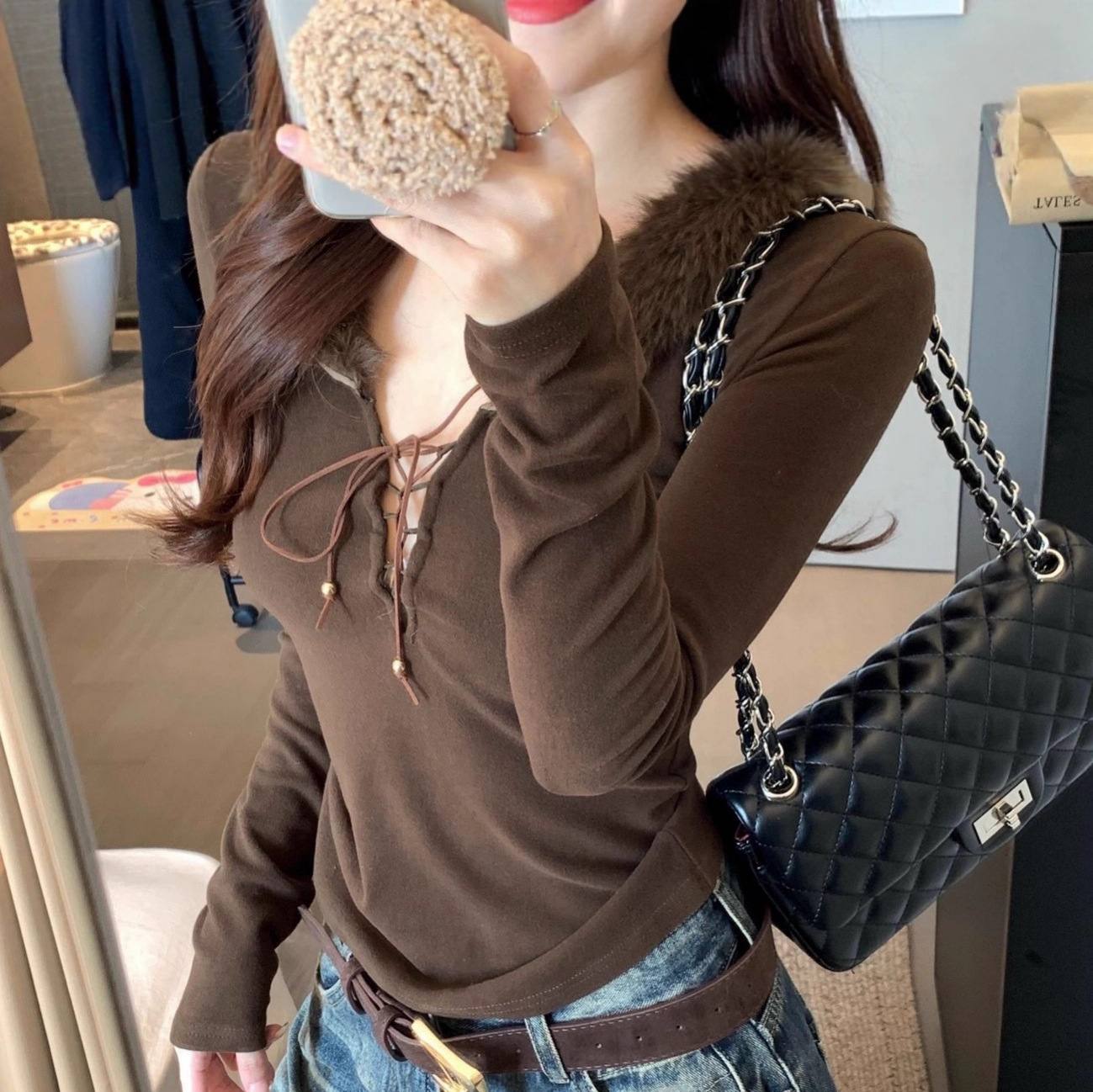 【自家工厂现货】秋冬毛领拼接系带打底衫女内搭设计修身长袖上衣