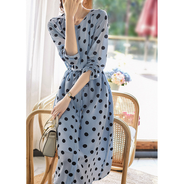 French Style Polo Dot Mulberry Silk Real Silk Dress Elegant High-grade Mid-length Skirt Summer Four Seasons Green Women's Clothing