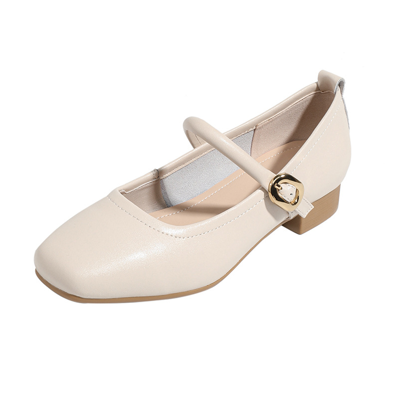 single shoes for women's 2024 shallow cut square toe thick heel button Mary Jane shoes