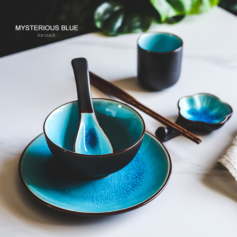 Grieta de hielo de estilo japonés comida de una sola persona vajilla de mesa de cerámica traje a juego tazón plato cuchara taza cena plato hotel restaurante suministros