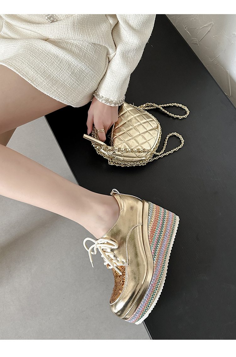 Giày loafer nữ đế xuồng cao gót 9 cm, phối đế cói, dây buộc, phối sequin lấp lánh — màu vàng, xanh lam chi tiết 15