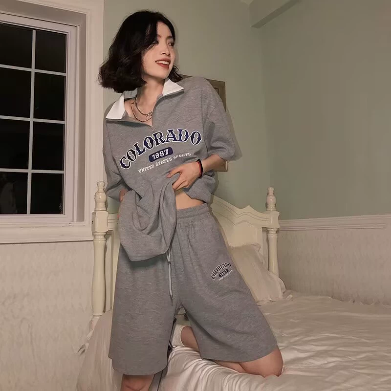 577 # Женский летний спортивный костюм с короткими рукавами, новый свободный корейский стиль, студенческий поло, повседневная мода, шорты, комплект из двух предметов