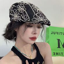 国风提花前进帽女春秋百搭显脸小贝雷帽子网红同款复古刺绣花朵帽