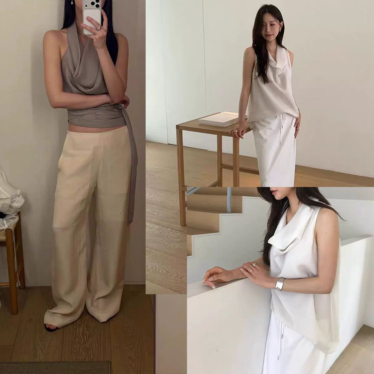 Fan Sun·Xh Korean-Style High-Neck Pleated Drape Sleeveless Vest/Casual Pants Dongdaemun Summer New Women's Set