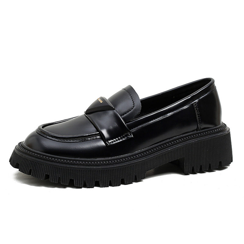 Giày lười nữ da bóng mũi tròn đế dày platform gót 3-5 cm — Màu đen