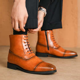 极速发货3999欧美侧拉链男士三接头擦色  高帮皮鞋布洛克高腰男靴
