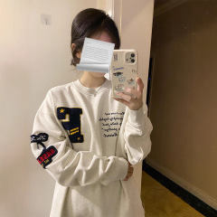 国潮牌美式宽松刺绣百搭圆领卫衣女秋冬oversize高街慵懒无帽上衣
