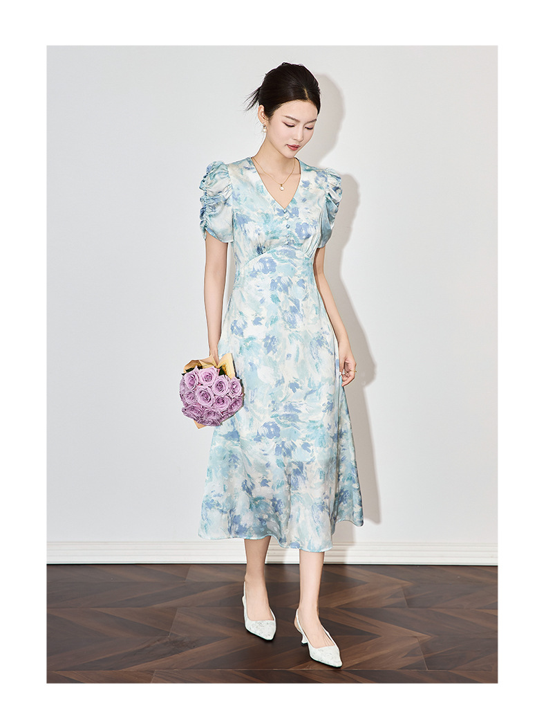 Đầm maxi nữ thắt eo chất liệu jacquard in họa tiết cao cấp — Màu xanh lam chi tiết 7