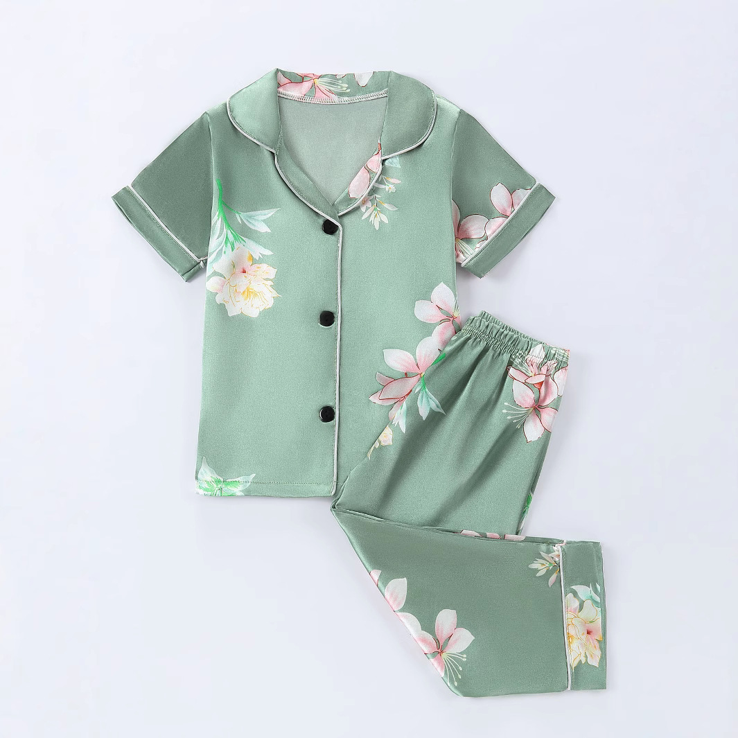 By 1615 Flame Retardant Ins Summer and Spring New Children's Pajamas Flower Printed Casual Ice Silk Home Clothes suit