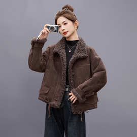 皮毛一体羊羔毛麂皮绒外套女短款2026新款冬季减龄加厚机车服上衣