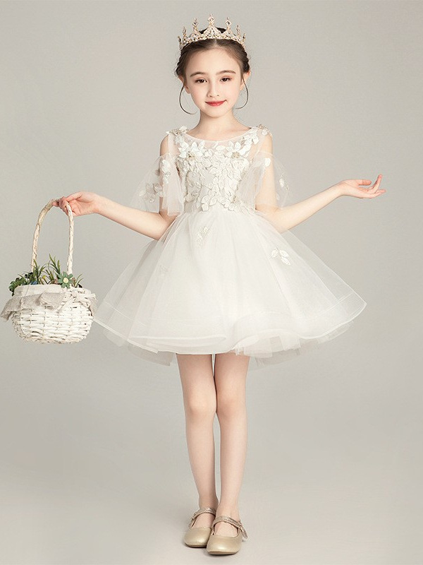 Nueva niña princesa vestido flor niña blanco hilado vestido de boda niños anfitrión vestido de noche pequeña niña piano traje