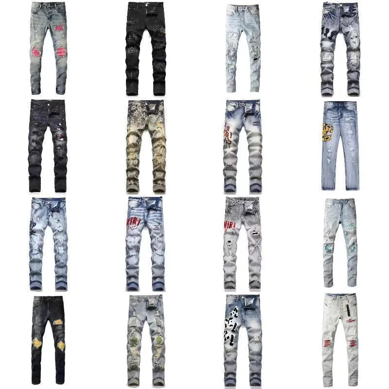 Am New European and American Trendy Brand Ripped Red Patch Elastic Slim Light-Colored Jeans for Men, Versatile and Casual