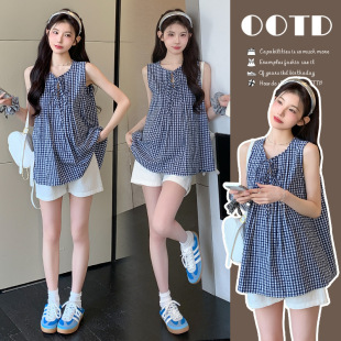 Maternity Wear 2025 Summer Retro Fashionable Blue and White Plaid Sleeveless Top + Versatile Belly Support Shorts Two-Piece Set