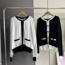 9635女士早秋新品晶典撞色 春秋单穿长袖侧字母短款针织开衫