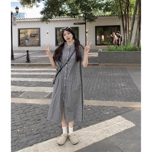 Pregnant Women's Japanese Style Cotton Plaid Shirt Dress Women's Spring 2024 New Loose Mid-length Short-sleeved A- line Dress