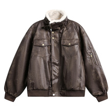 棉服情侣装冬季翻领羊羔绒PU皮衣机车复古外套潮美式保暖加绒棉衣