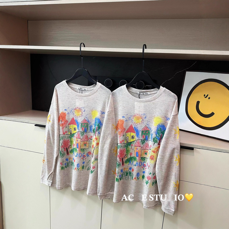 Ac Genuine Girly Style Hand-Painted Castle Print Long-Sleeve T-Shirt, Soft and Skin-Friendly, Loose Fit, Super Youthful and Lazy Style Sweatshirt