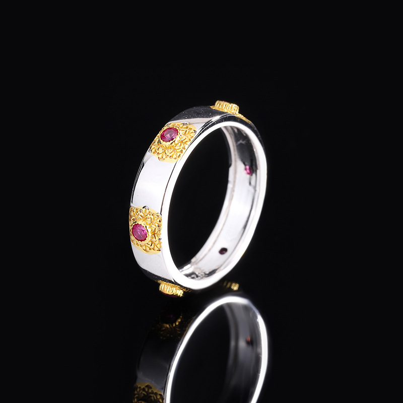 Zhuang Sheng joyería S925 plata simulación Esmeralda rojo corindón geométrico moda retro anillo de fila al por mayor