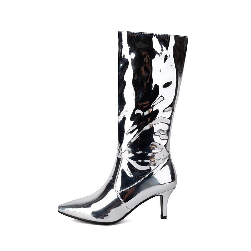 2025 European and American Export Stiletto Pointed Toe Patent Leather Metal Heel Knee-High Boots Large Size Performance Iron Heel Elastic Fashion Boots