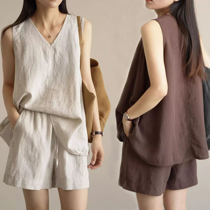 Fashion Casual Sleeveless Shorts Suit Women's 2025 Summer New Loose Large Size V Neck Solid Color Vest Two-Piece Set
