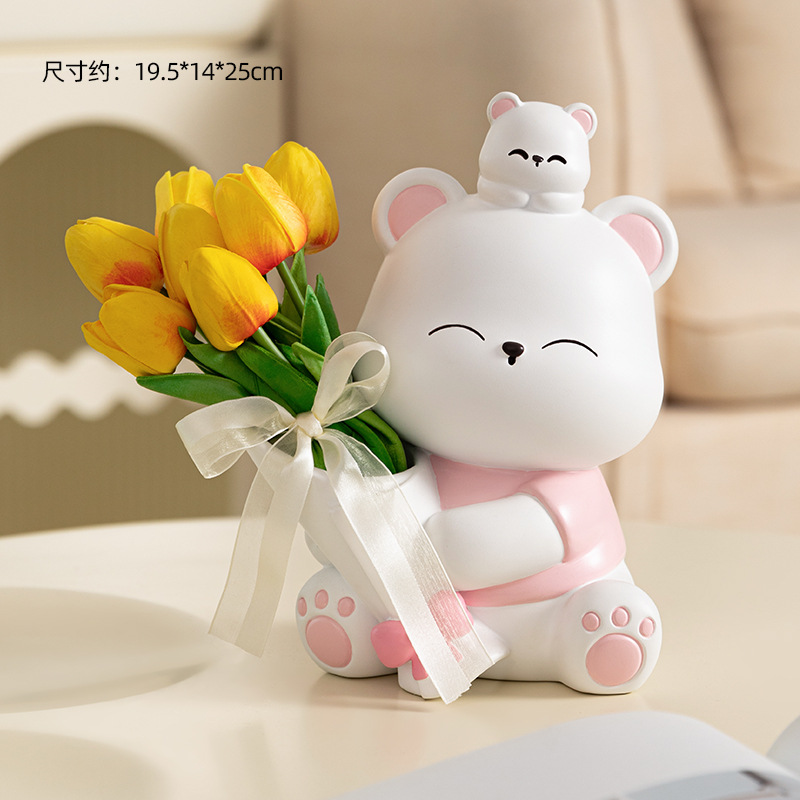 포옹 곰 꽃다발 핑크 큰 + 오렌지 노란색 튤립 7 (무료 리본)